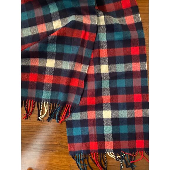 Plaid Scarf Red Blue White with Fringe Rectangle 64" x 12" - Picture 2 of 6